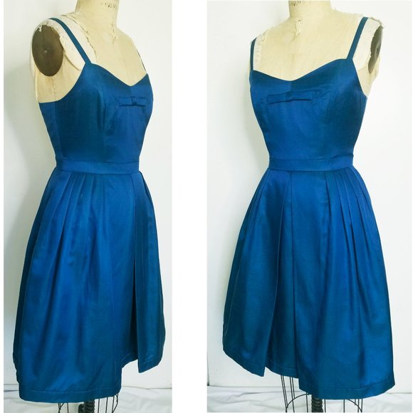 Banana Republic Womens Teal Retro Cocktail Dress with Straps Silk Pleats  NWT - Picture 4 of 10